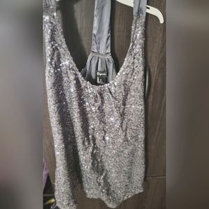 Express tank top, shirt. Silver with shiny sequence.  Silky under the sequence.